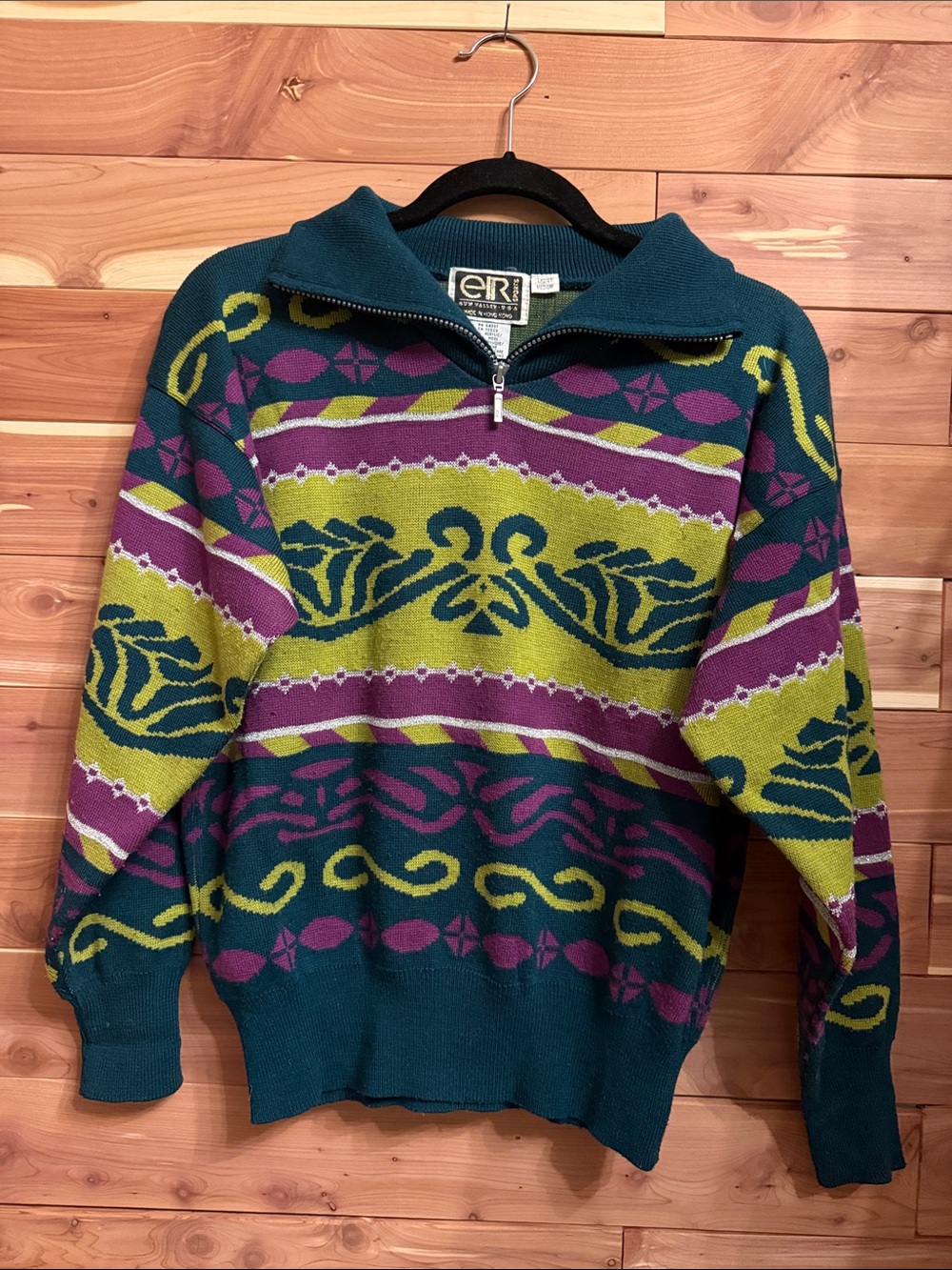Vintage-Inspired Cowl Turtleneck Sweater in Teal, Purple & Lime